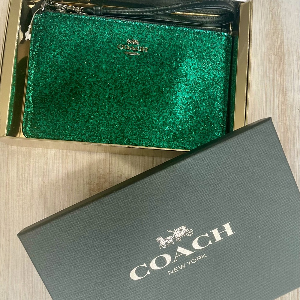 Coach green glitter wristlet **NEW WITH TAGS & BOX**